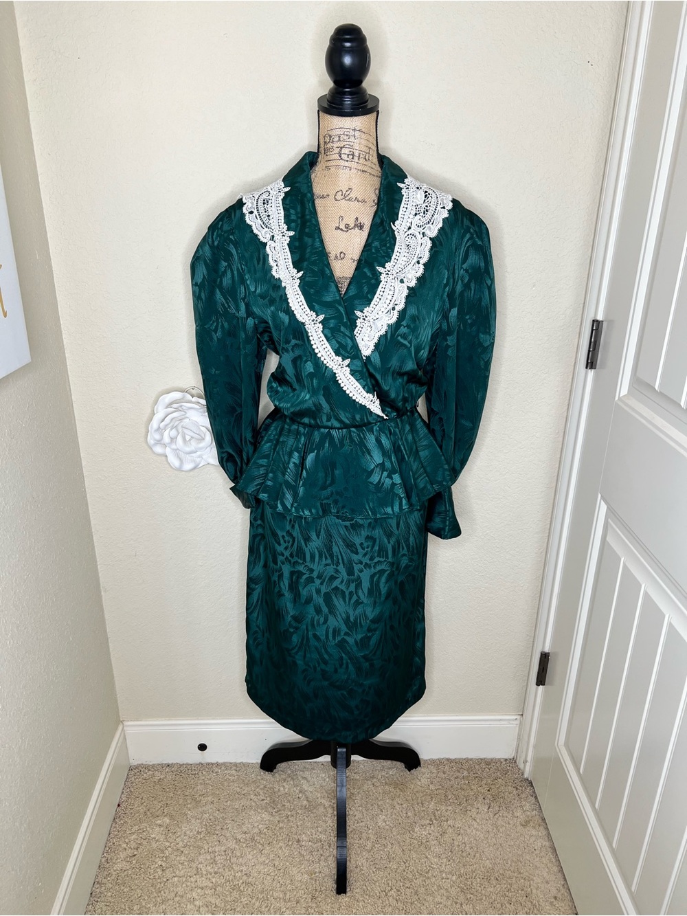 NTM: Vintage 80s In The Mood Emerald Green Lace Collar Peplum Dress Size 12